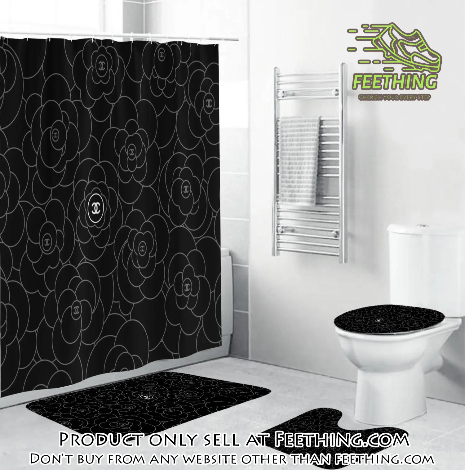Chanel white signature flower in black background bathroom set accessories ft3256926